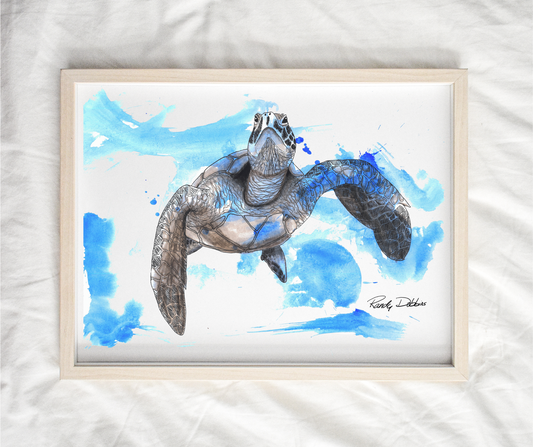 Stunning 'Sea Turtle in Messy Blue Water' - Unique Ink and Watercolor Print - Unforgettable Artwork to Spark Joy and Character in Every Room