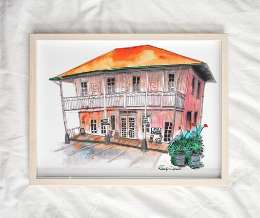 The Old Kona Hotel in Holualoa - Ink & Watercolor Painting - Vibrant Fine Art Giclée or Smooth Archival Matte Prints - Perfect For Art Enthusiasts