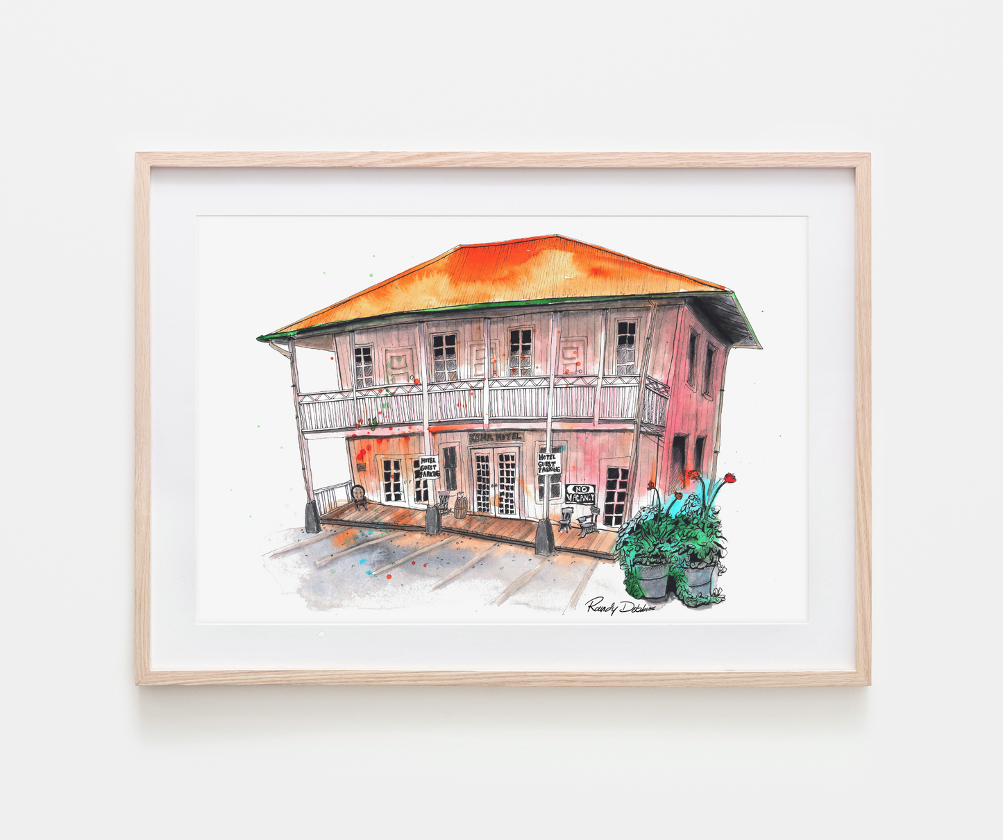 The Old Kona Hotel in Holualoa - Ink & Watercolor Painting - Vibrant Fine Art Giclée or Smooth Archival Matte Prints - Perfect For Art Enthusiasts