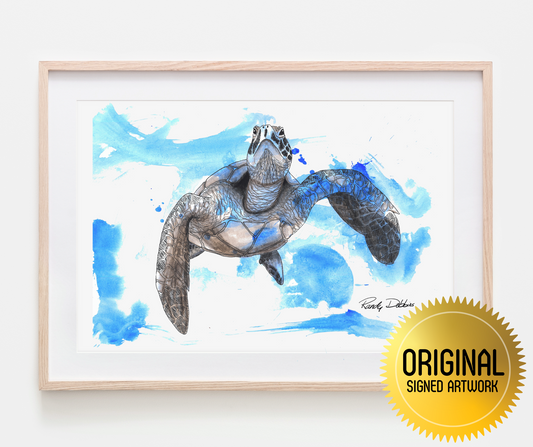 Stunning 'Sea Turtle in Messy Blue Water' - Unique Ink and Watercolor ORIGINAL - Unforgettable Artwork to Spark Joy and Character in Every Room