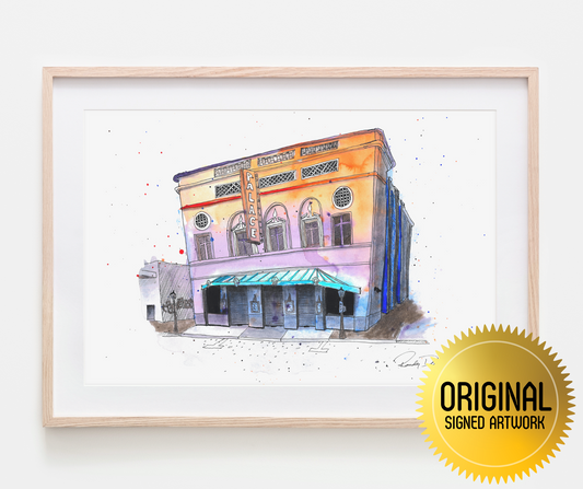 Hilo Palace Theatre Watercolor ORIGINAL: An Enchanting Dance of Color and History