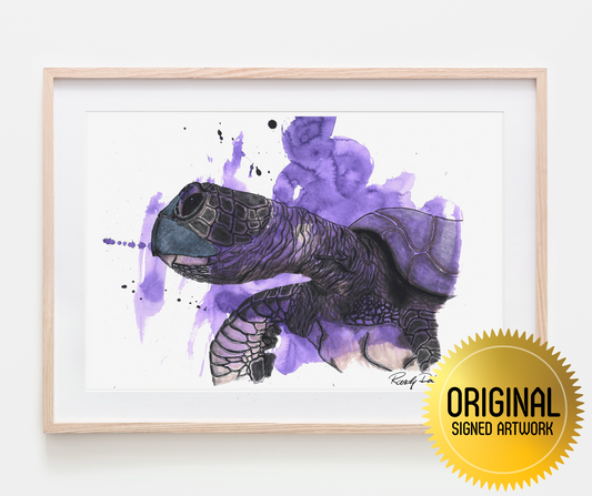Intricate "Sea Turtle in Messy Violet Water" Ink and Watercolor Painting ORIGINAL - Perfect for Unique Art Connoisseurs
