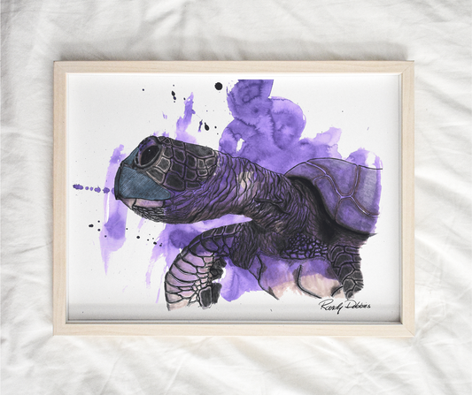Intricate "Sea Turtle in Messy Violet Water" Ink and Watercolor Painting Print - Perfect for Unique Art Connoisseurs