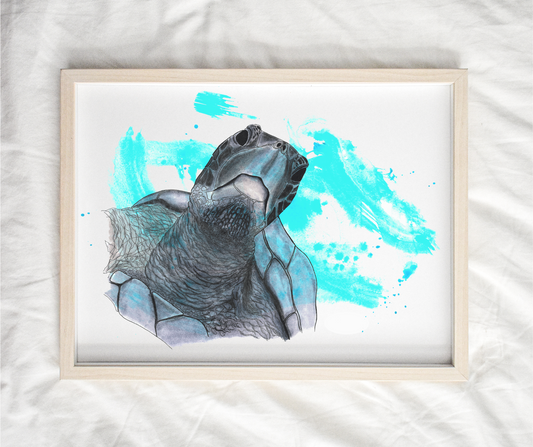 Sea Turtle in a Messy Turquoise Ocean - Exquisite Ink and Watercolor Art Print - Uniquely Characterful and Vibrant Decor for Art Enthusiasts